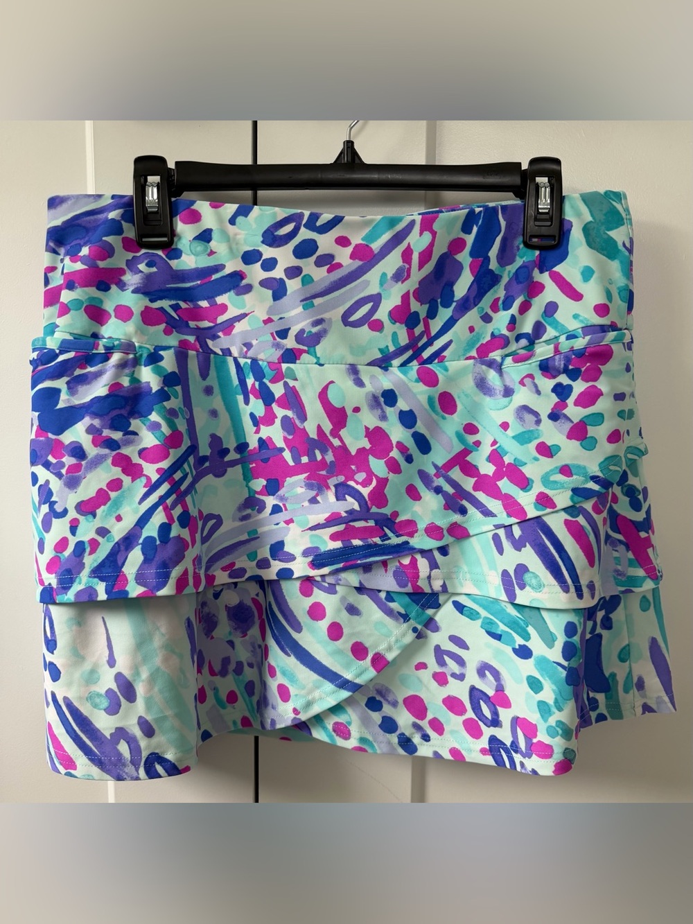 EUC Aryeh Colorful Tiered Ruffle Skort in Aqua, Blue, Purple & Fuchsia, Large